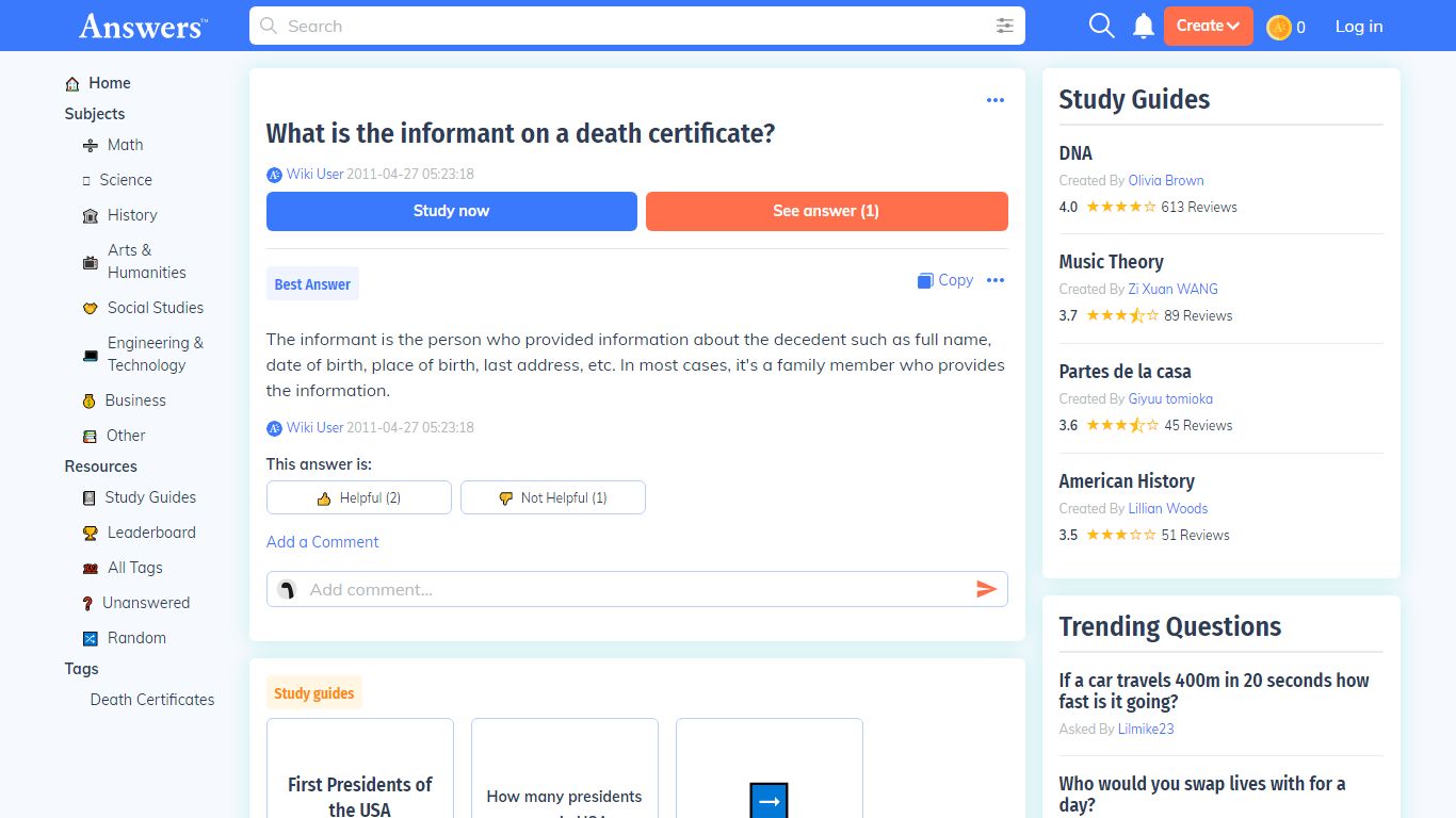 What is the informant on a death certificate? - Answers